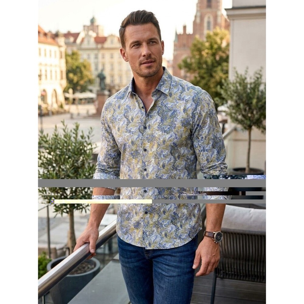 Barabas Mens Button Front Shirt L Blue Gold Baroque Paisley Cotton Club Euro